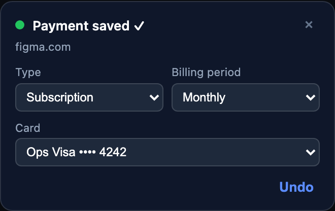 CardIndexer browser extension confirming a payment